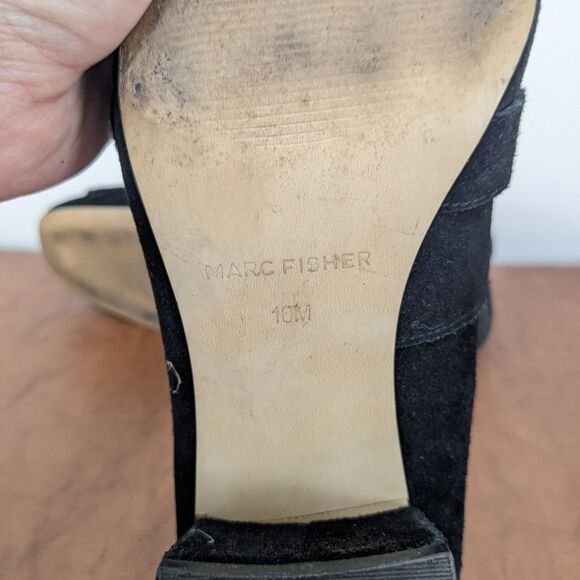 Marc Fisher Mabel Fringe Black Suede Leather Gold Buckle Block Heel Loafer Shoes - Picture 5 of 5